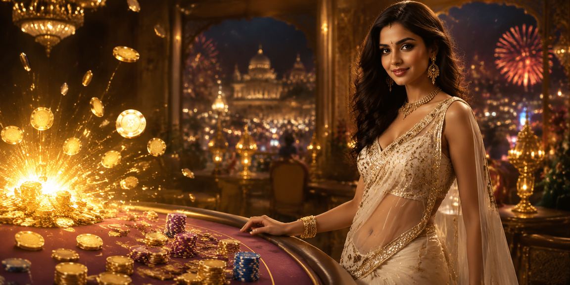 A female player enjoying Andar Bahar game on mobile device in traditional dress in India